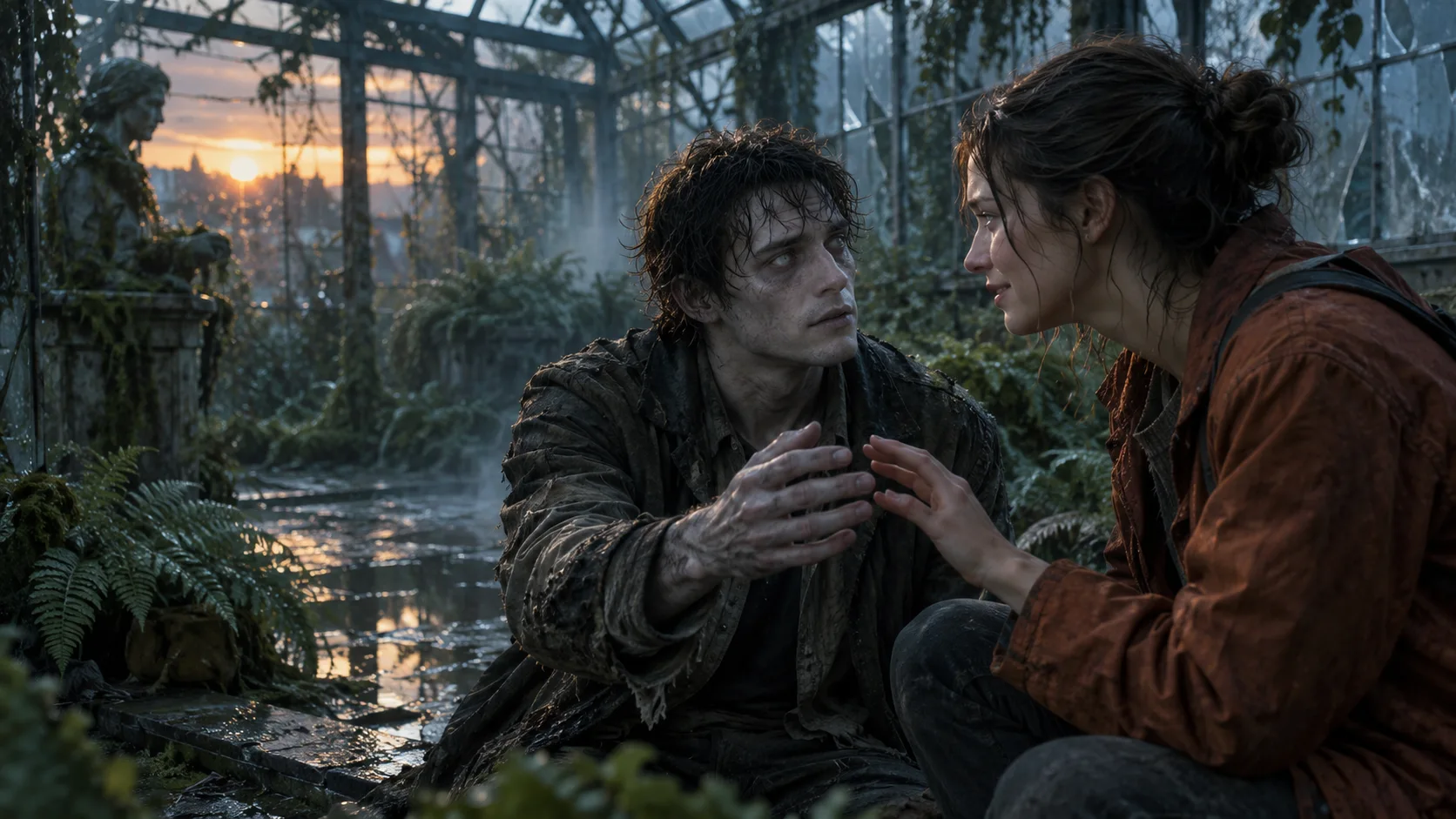 Original AI concept illustration of a human and a gentle zombie recognizing each other in an abandoned greenhouse