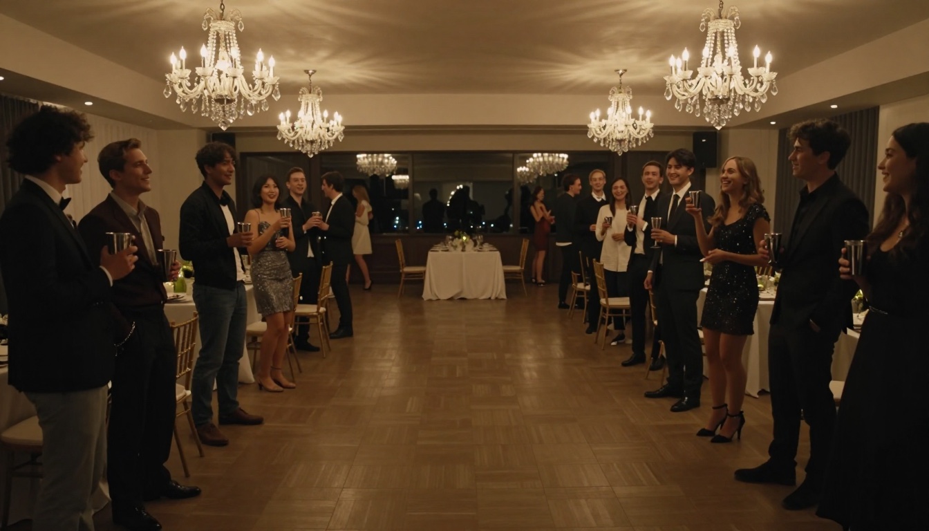 A warm chandelier-lit party room with guests