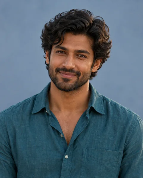 Illustrative portrait of an adult man in a teal shirt