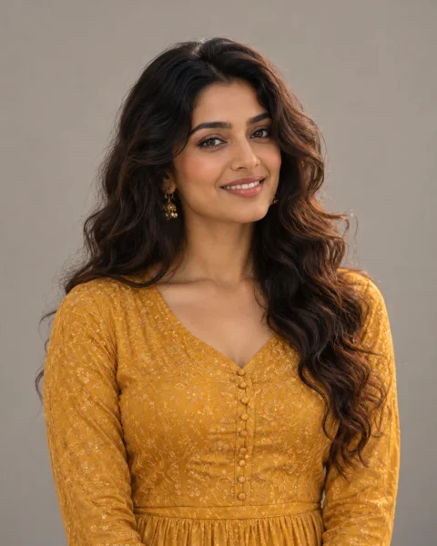 Illustrative portrait of an adult woman in a yellow outfit