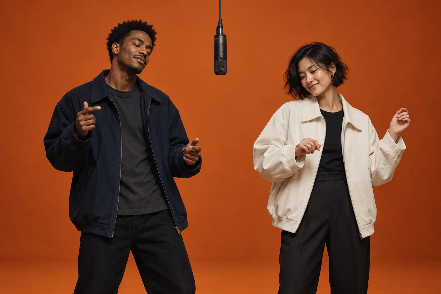 Two fictional friends beside a hanging microphone in an orange studio, concept artwork