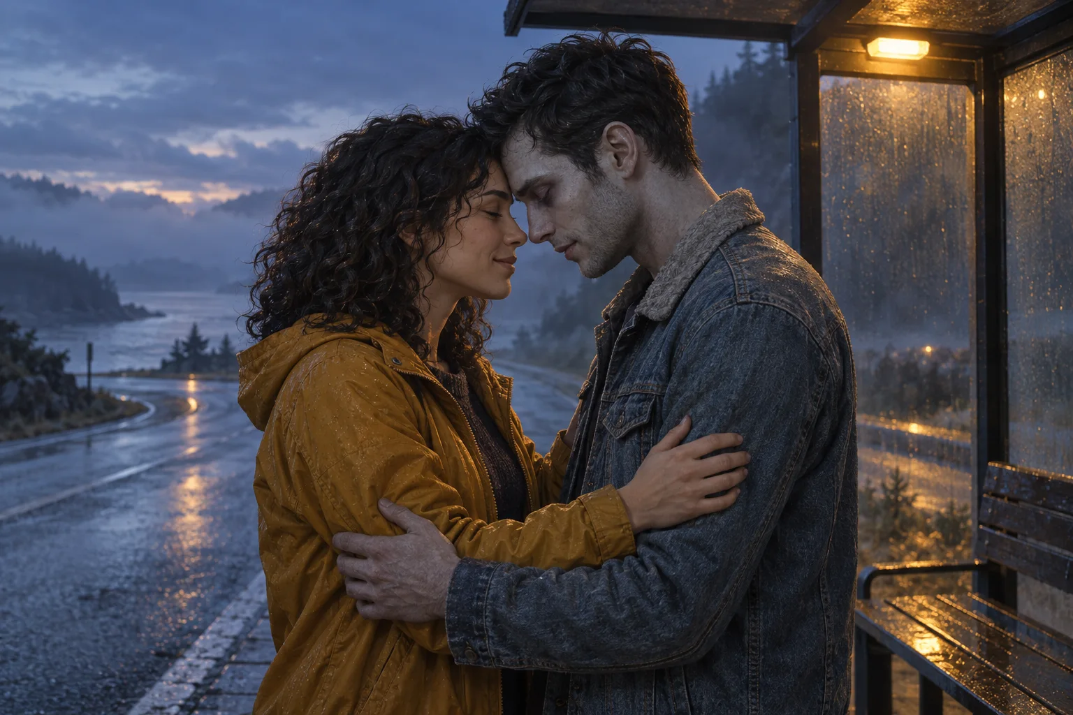 Original concept illustration of two fictional adults sharing a tender zombie reunion at a roadside shelter